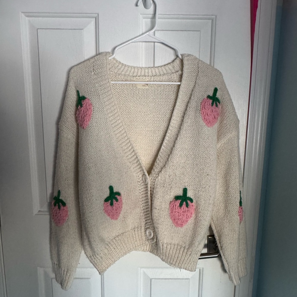 Off-White Cardigan with Pink Strawberries